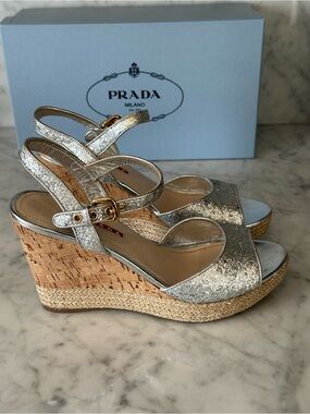Prada Silver Glitter Cork Espadrille Wedge Sandals with Gold Buckles